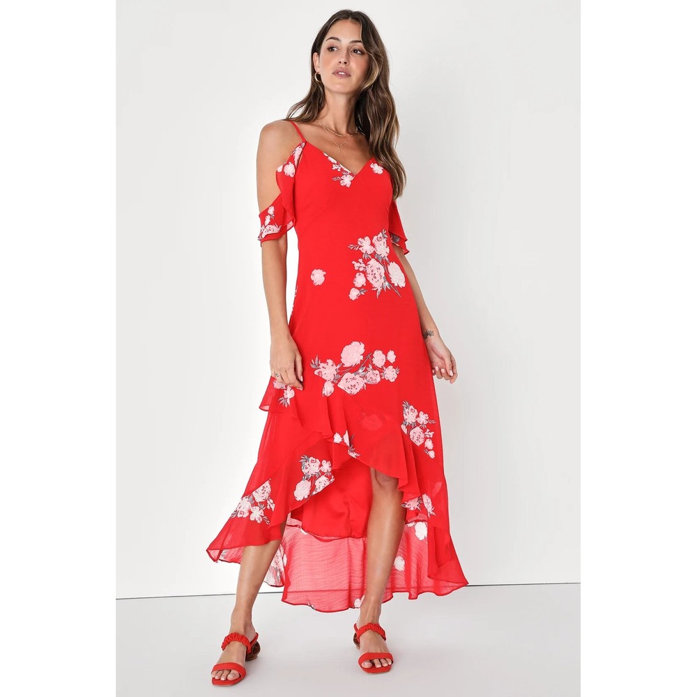 Lulus Love in Bloom Red Floral Print Off-the-Shoulder High-Low Dress Size Small‎